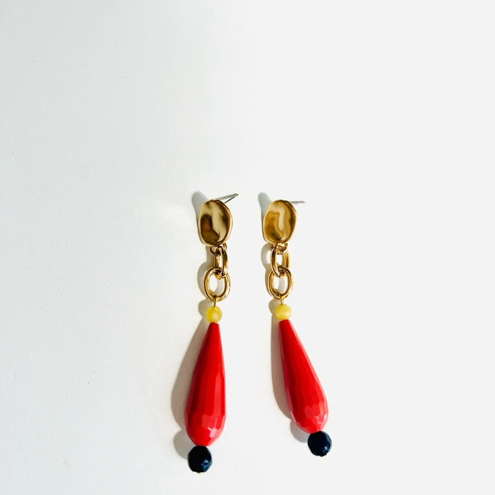 Handmade Gold Beaded Coral Teardrop Earrings